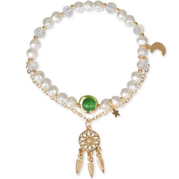 INC Gold-Tone Dreamcatcher Charm Mixed Stone Double-Row Stretch Bracelet - Picture 1 of 3